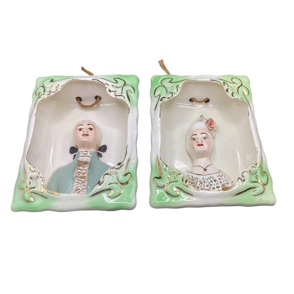 Pr of Vintage Porcelain Wall Hangings Colonial Victorian Couple AS IS Unique!